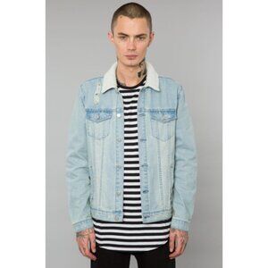 Elwood Mens Light‎ Indigo Denim Sherpa Collar Trucker Jacket Button Up Size XL